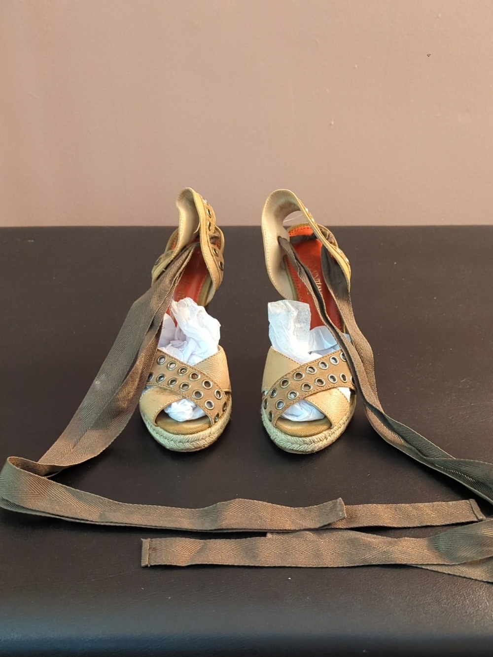 Yves Saint Laurent Tan Espadrille Wedge Sandals with Eyelet Straps